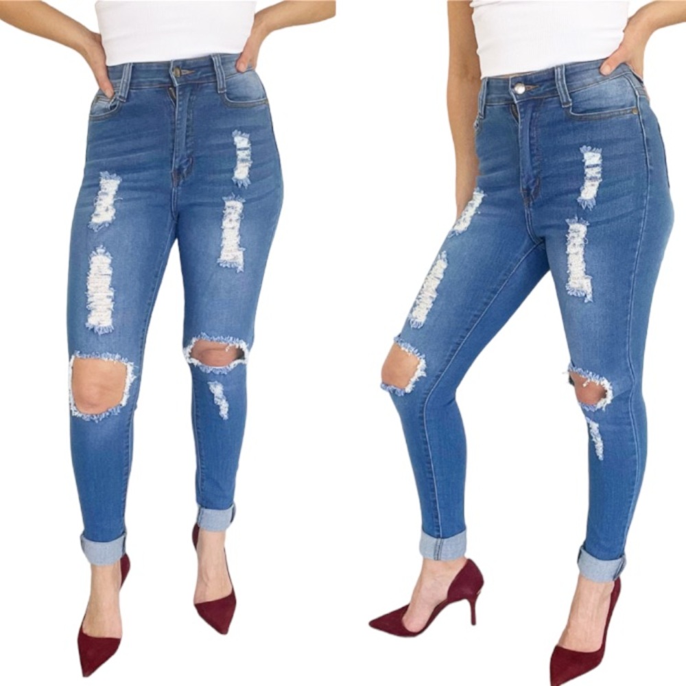 Fashion Nova high waist light wash distressed skinny jeans size 3/4